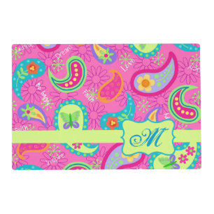 Hot Pink Monogram Personalized Modern Paisley Placemat