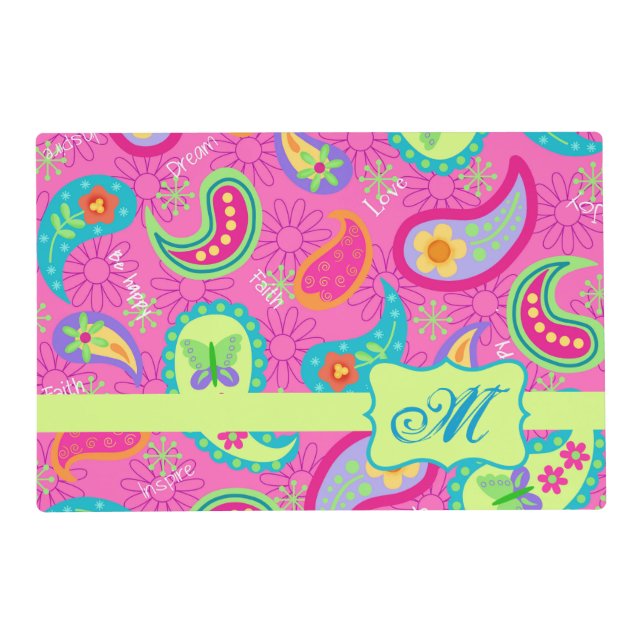 Hot Pink Monogram Personalized Modern Paisley Placemat (Back)