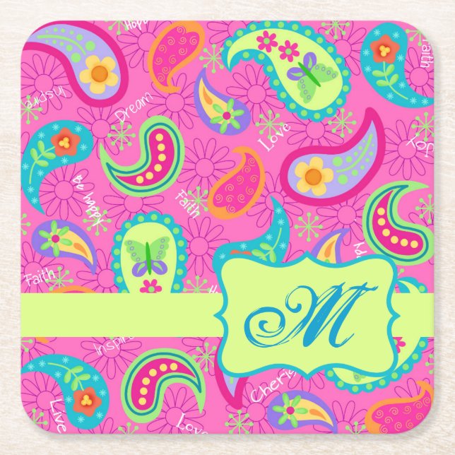 Hot Pink Monogram Personalized Modern Paisley Square Paper Coaster (Front)