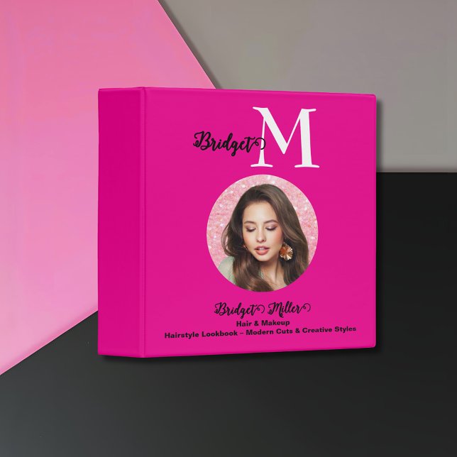 hot pink Monogram photo Hairstyle Lookbook 3 Ring Binder (Creator Uploaded)