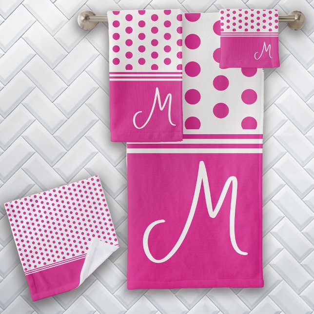 Hot Pink Monogram Polka Dot Bath Towel Set (Creator Uploaded)