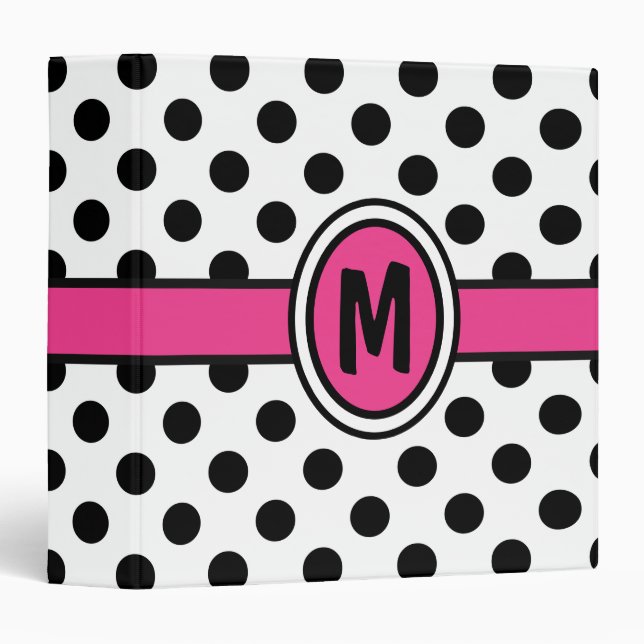 Hot pink monogram polka dots 3 ring binder (Front/Spine)