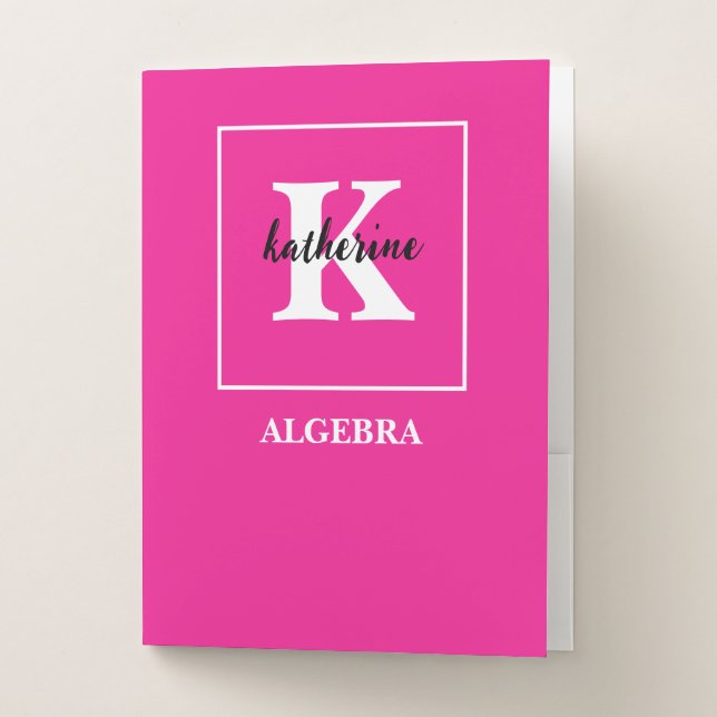 Hot Pink Monogram School Subject Algebra Pocket Folder (Front)
