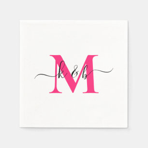 Hot Pink Monogram Swash Script White Cocktail  Napkins