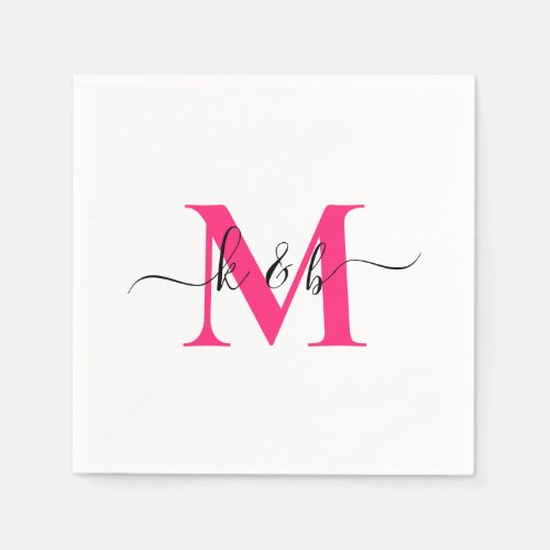 Hot Pink Monogram Swash Script White Cocktail  Napkins