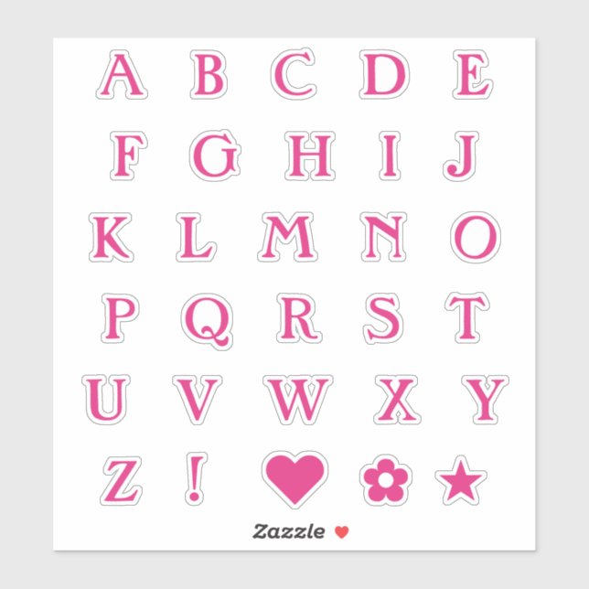 Hot Pink Monogram Text Letters Alphabet Heart Star Sticker (Sheet)