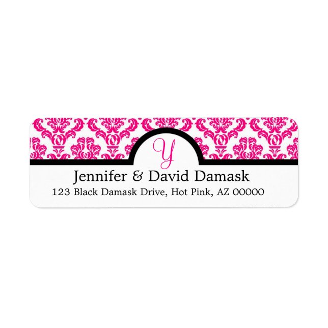 Hot Pink Monogram Y Damask Wedding Label (Front)