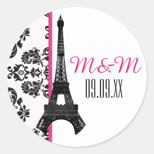 Hot Pink Monogrammed Damask Eiffel Tower Wedding Classic Round Sticker