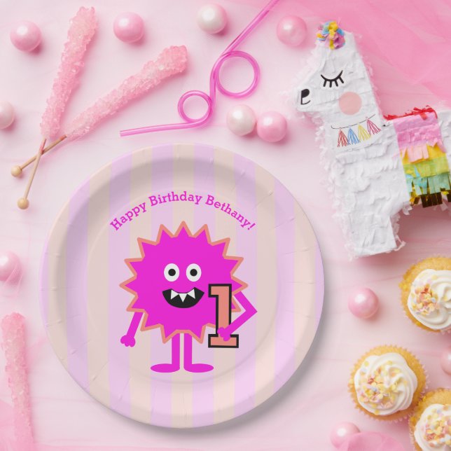 Hot Pink Monster Girl 1st Birthday Cute Paper Paper Plates (Party)