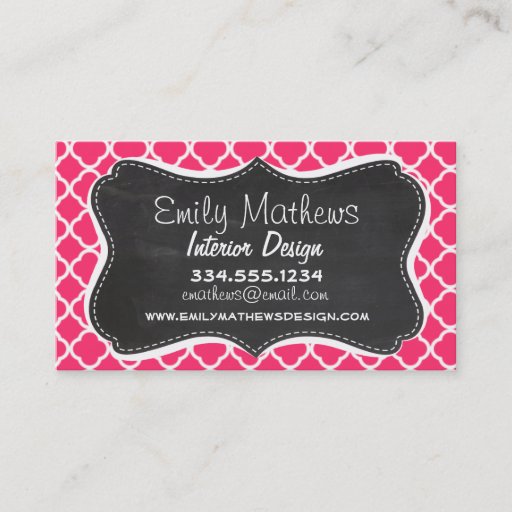 Customizable Hot Pink Moroccan Quatrefoil; Chalkboard look Business Card