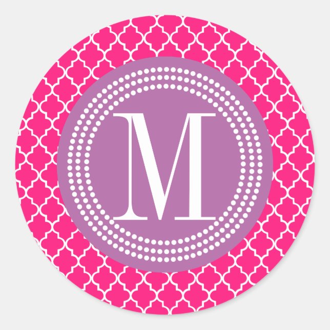 Hot Pink Moroccan Tiles Lattice Personalized Classic Round Sticker (Front)