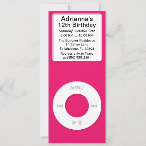 Hot Pink MP3 Player iParty Birthday Party Invitation