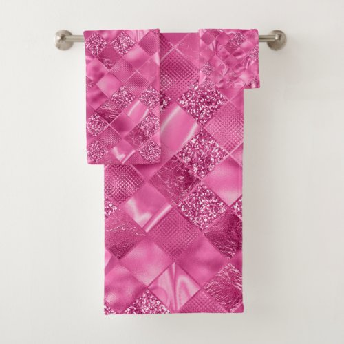 Hot Pink Multi_Texture Square Weave Pattern Bath Towel Set
