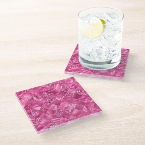 Hot Pink Multi_Texture Square Weave Pattern Glass Coaster