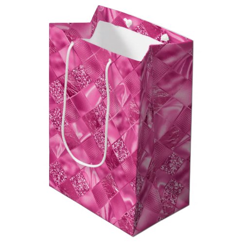 Hot Pink Multi_Texture Square Weave Pattern Medium Gift Bag