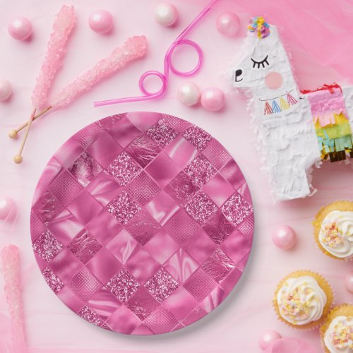 Hot Pink Multi_Texture Square Weave Pattern Paper Plates