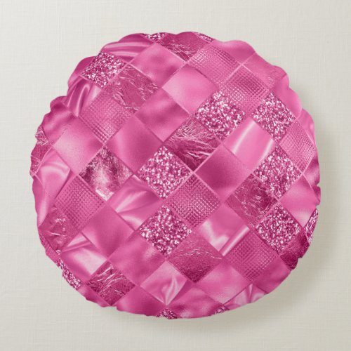 Hot Pink Multi_Texture Square Weave Pattern Round Pillow