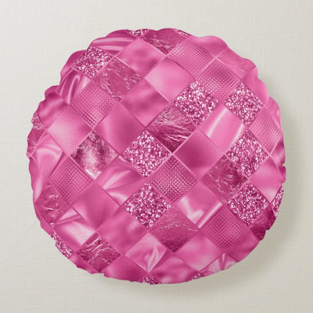 Hot Pink Multi-Texture Square Weave Pattern Round Pillow (Front)