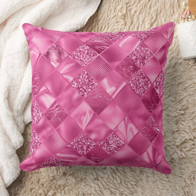 Hot Pink Multi-Texture Square Weave Pattern Throw Pillow (Blanket)