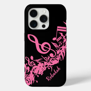 Hot Pink Musical Notes on Black iPhone 15 Pro Case