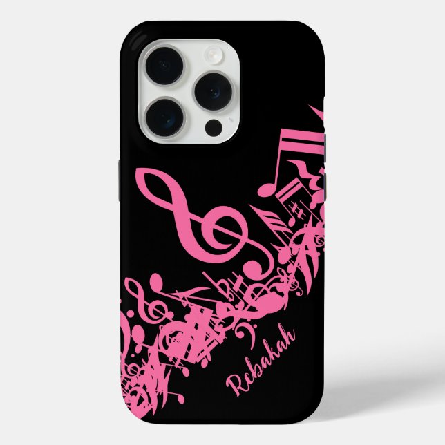 Hot Pink Musical Notes on Black Case-Mate iPhone Case (Back)