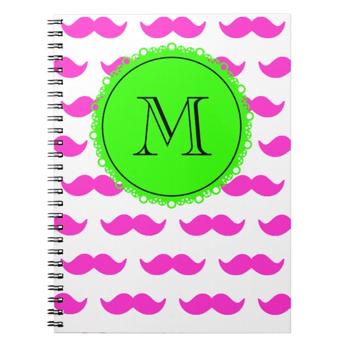 Hot Pink Mustache Pattern, Green Black Monogram Note Book