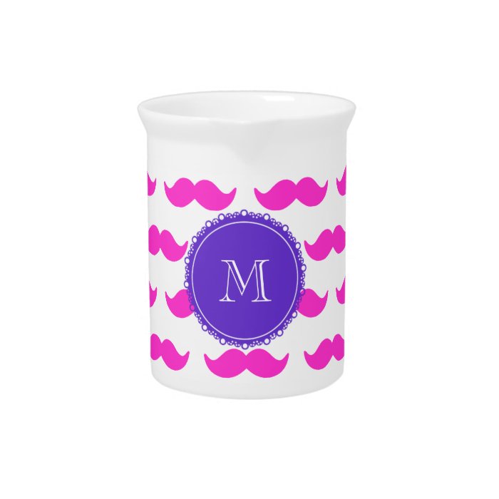 Hot Pink Mustache Pattern, Purple White Monogram Beverage Pitchers