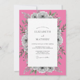 Hot Pink Muted Grey Floral Wedding Invitation