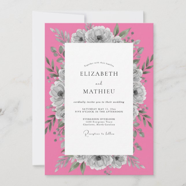 Hot Pink Muted Grey Floral Wedding Invitation (Front)