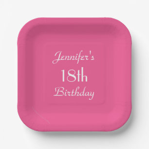 Hot Pink, Name, 18th Birthday Party Square  Paper Plates