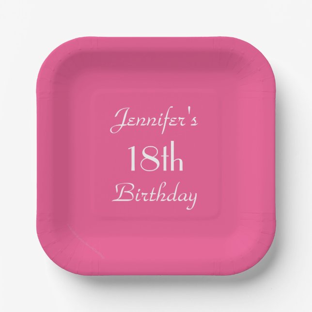 Hot Pink, Name, 18th Birthday Party Square  Paper Plates (Front)