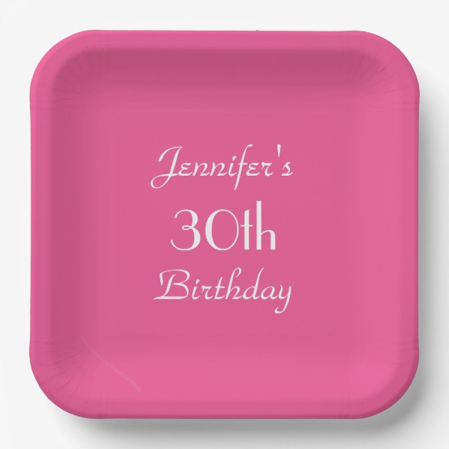 Hot Pink, Name, 30th Birthday Party Square Paper Plates (Front)