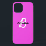 Hot Pink Name | Modern Initial Monogram Neon iPhone 12 Case<br><div class="desc">Trendy, stylish custom name and initial monogram style phone case in modern minimalist script typography in off black and white on a simple fun hot neon pink background. The name and initial can easily be personalized with your own name or the name of a loved one for a perfect gift...</div>