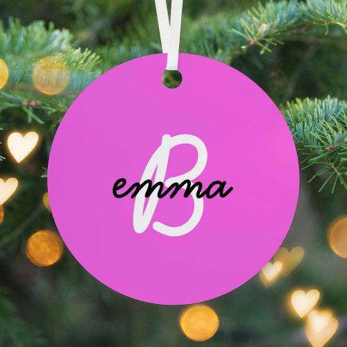 Hot Pink Name  Modern Initial Monogram Neon Metal Ornament