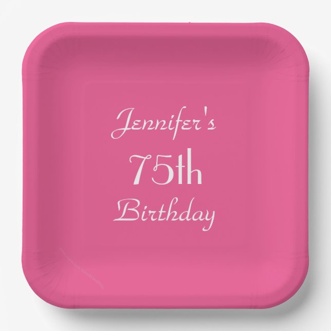 Hot Pink, Name, Simple, 75th Birthday Party Square Paper Plates (Front)