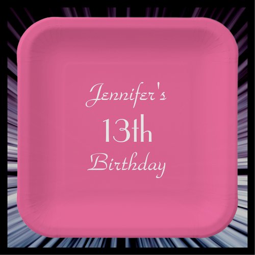 Hot Pink Name Square round 13th Birthday Party Paper Plates