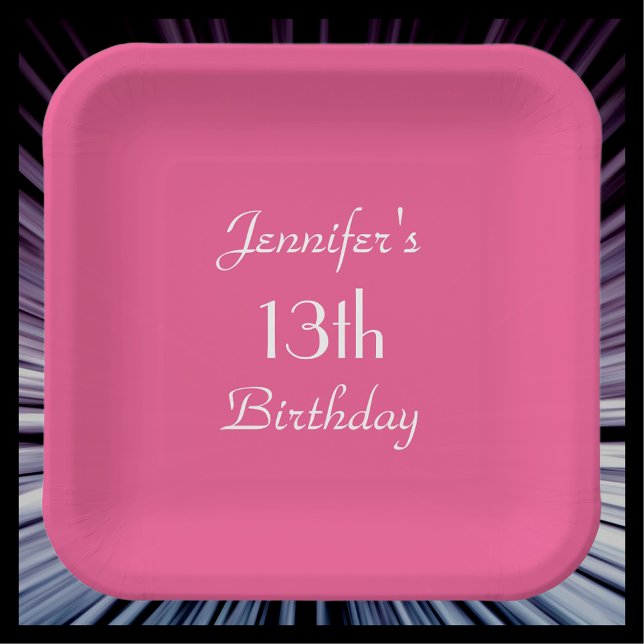 Hot Pink, Name Square round 13th Birthday Party Paper Plates (Creator Uploaded)