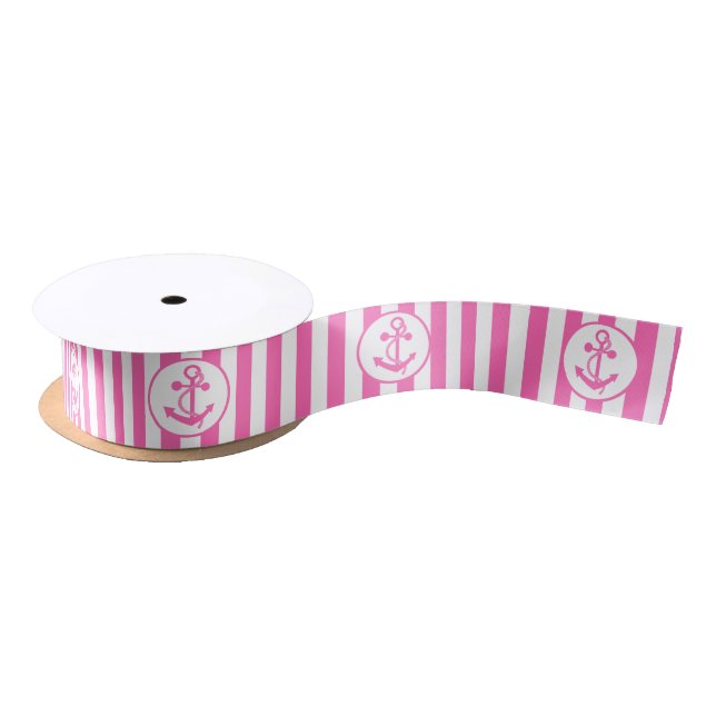 Hot Pink Nautical Anchor with Stripes Satin Ribbon (Spool)