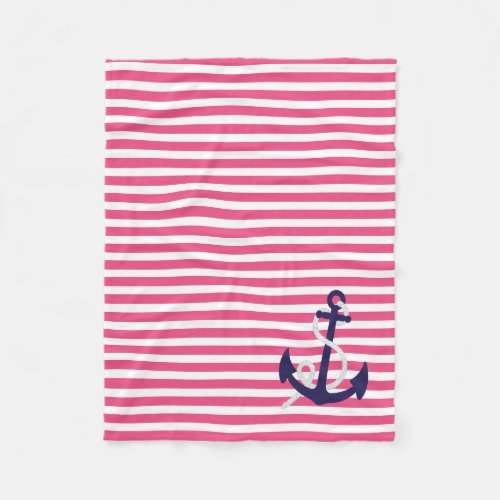 Hot Pink Nautical Stripes with Navy Blue Anchor Fleece Blanket