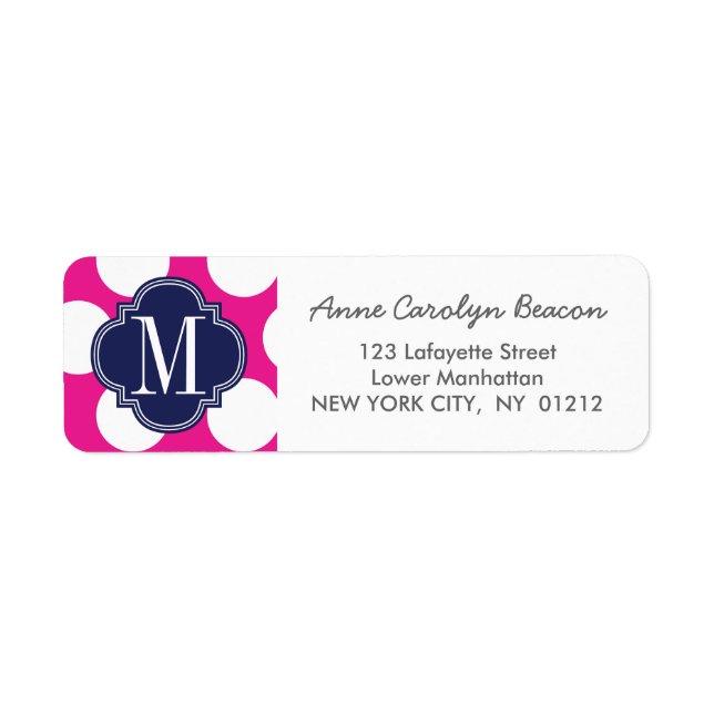 Hot Pink & Navy Big Polka Dots Monogrammed Label (Front)