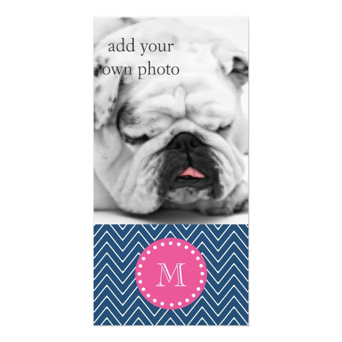 Hot Pink, Navy Blue Chevron  Your Monogram Personalized Photo Card
