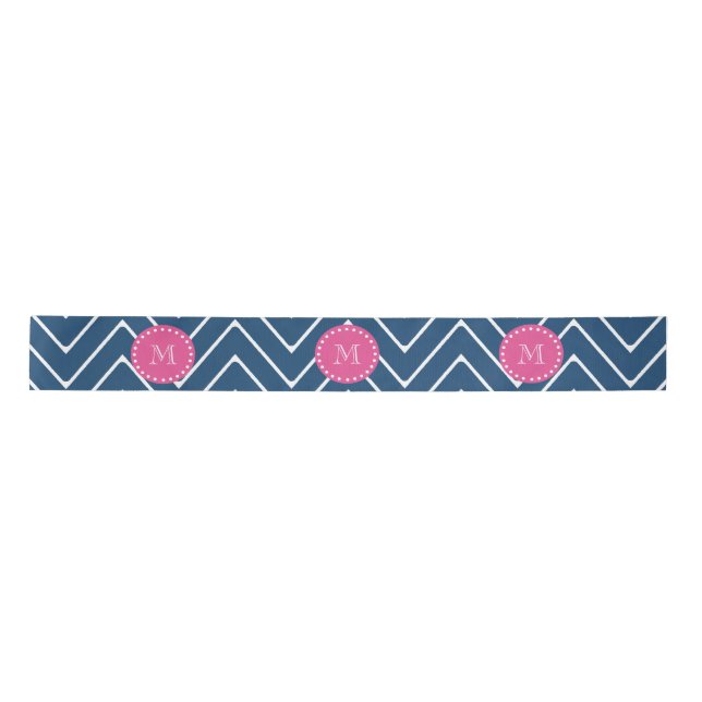 Hot Pink, Navy Blue Chevron | Your Monogram Satin Ribbon (Front)