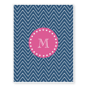 Hot Pink, Navy Blue Chevron Your Monogram Temporary Tattoos