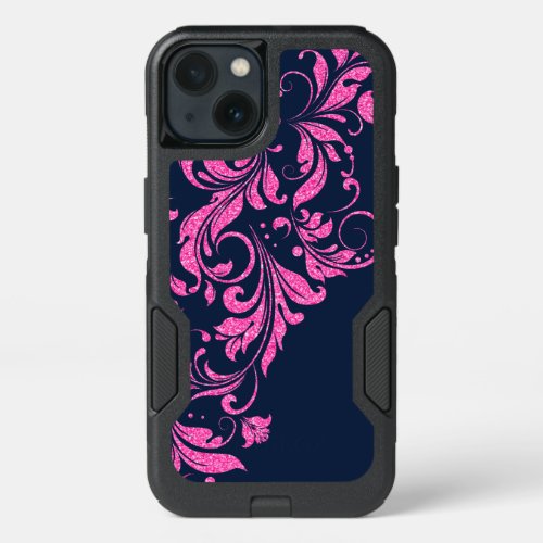 Hot Pink  Navy Blue Floral Lace Glitter Texture iPhone 13 Case