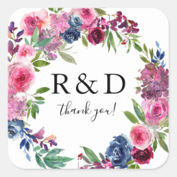 Hot Pink &amp; Navy Blue Floral Monogram - Square Stic Square Sticker