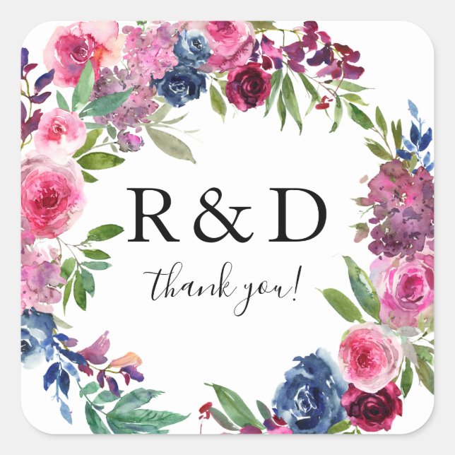 Hot Pink & Navy Blue Floral Monogram - Square Stic Square Sticker (Front)
