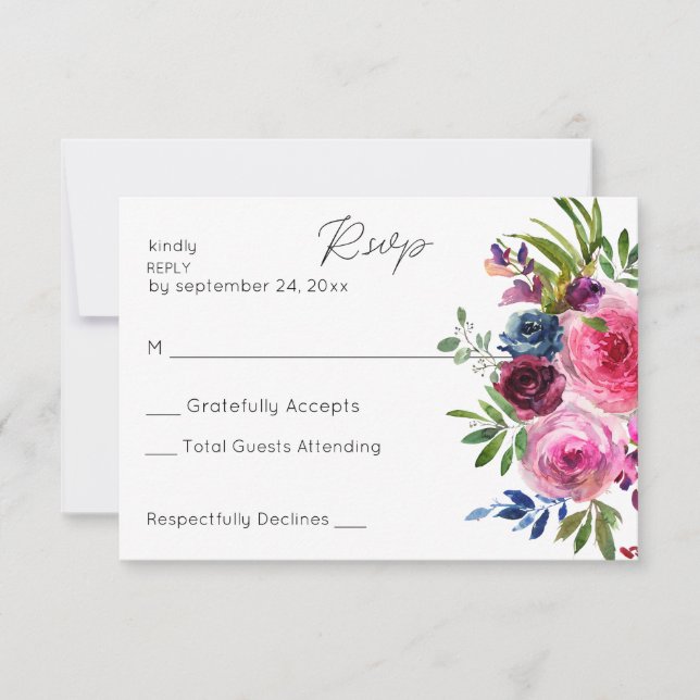 Hot Pink & Navy Blue Floral no Meal RSVP Card (Front)