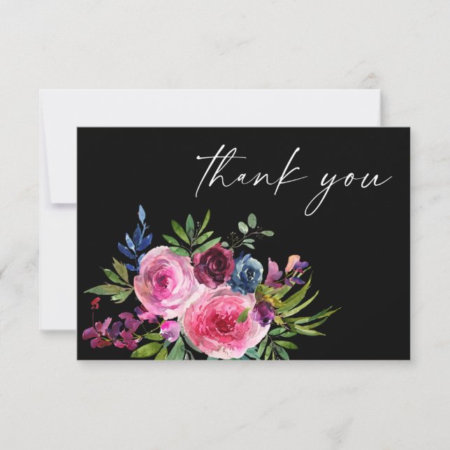 Hot Pink & Navy Blue Floral Thank You Card V3 Blac (Front)