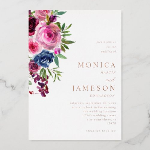 Hot Pink  Navy Blue Floral Wedding 3 Foil Invitation