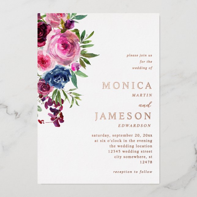 Hot Pink & Navy Blue Floral Wedding 3 Foil Invitation (Front)